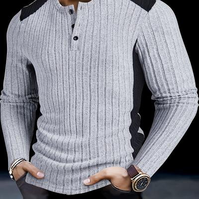 TEMU Men's Slim-fit Textured Ribbed Henley Shirt - Color-block Contrast Long Sleeve Pullover, Machine Washable Round Neck Casual Top For Autumn/winter Outdoor & Casual Attire, Medium Elasticity Fabric Image