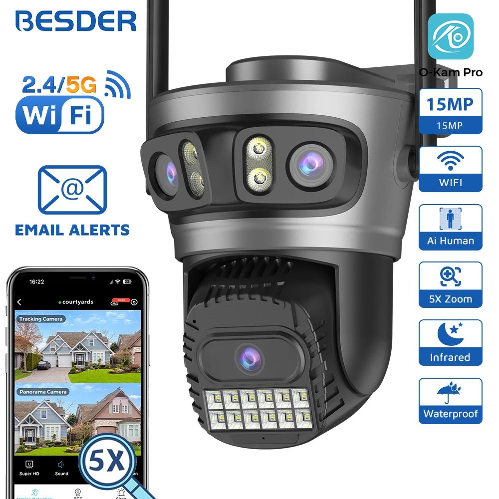 BESDER 15 MP WLAN-IP-Kamera PTZ mit drei Bildschirmen 180 ° Weitwinkel-Auto-Tracking, 5-facher Digitalzoom, 8 MP, Sicherheitsschutz, O-Kam Pro APP Image