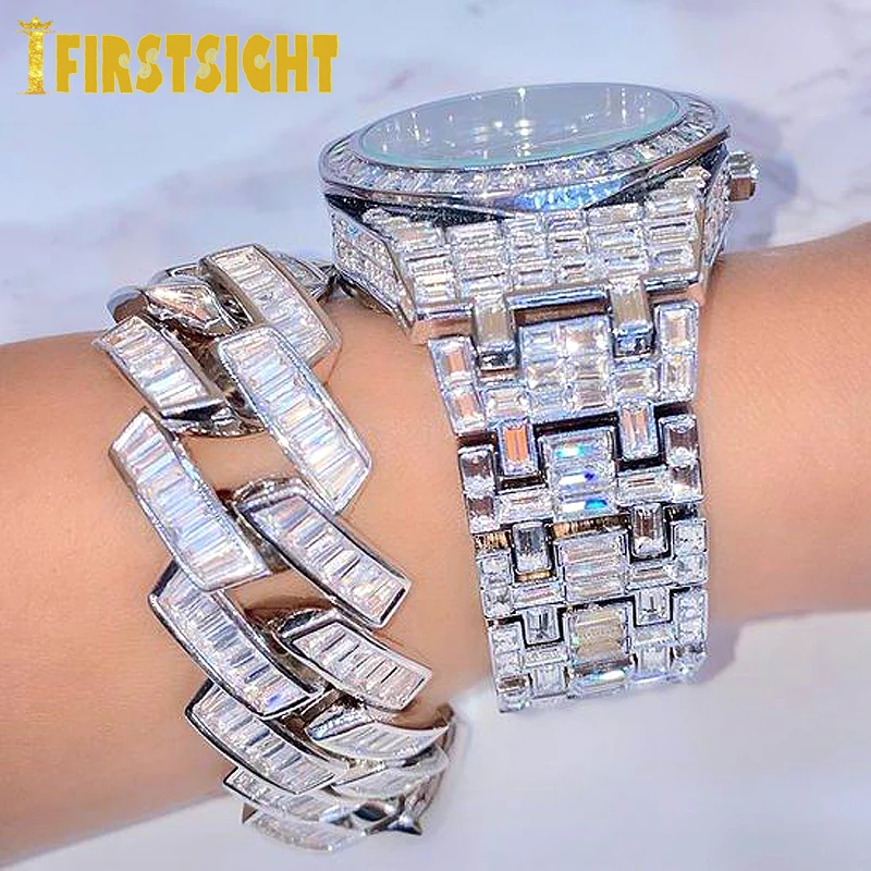 Neue Iced Out Bling CZ Männer Frauen Armband Silber Farbe 19mm Rechteck Prong Cuban Link Charme Armreif Hip Hop rock Mode Schmuck