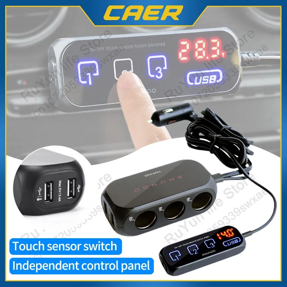 12 V Auto-Zigarettenanzünder-Buchse, 3-Wege-Splitter, Dual-USB-Autohalterung, Ladegerät mit Touch-Schalter, Schnellladeadapter, Zubehör Image