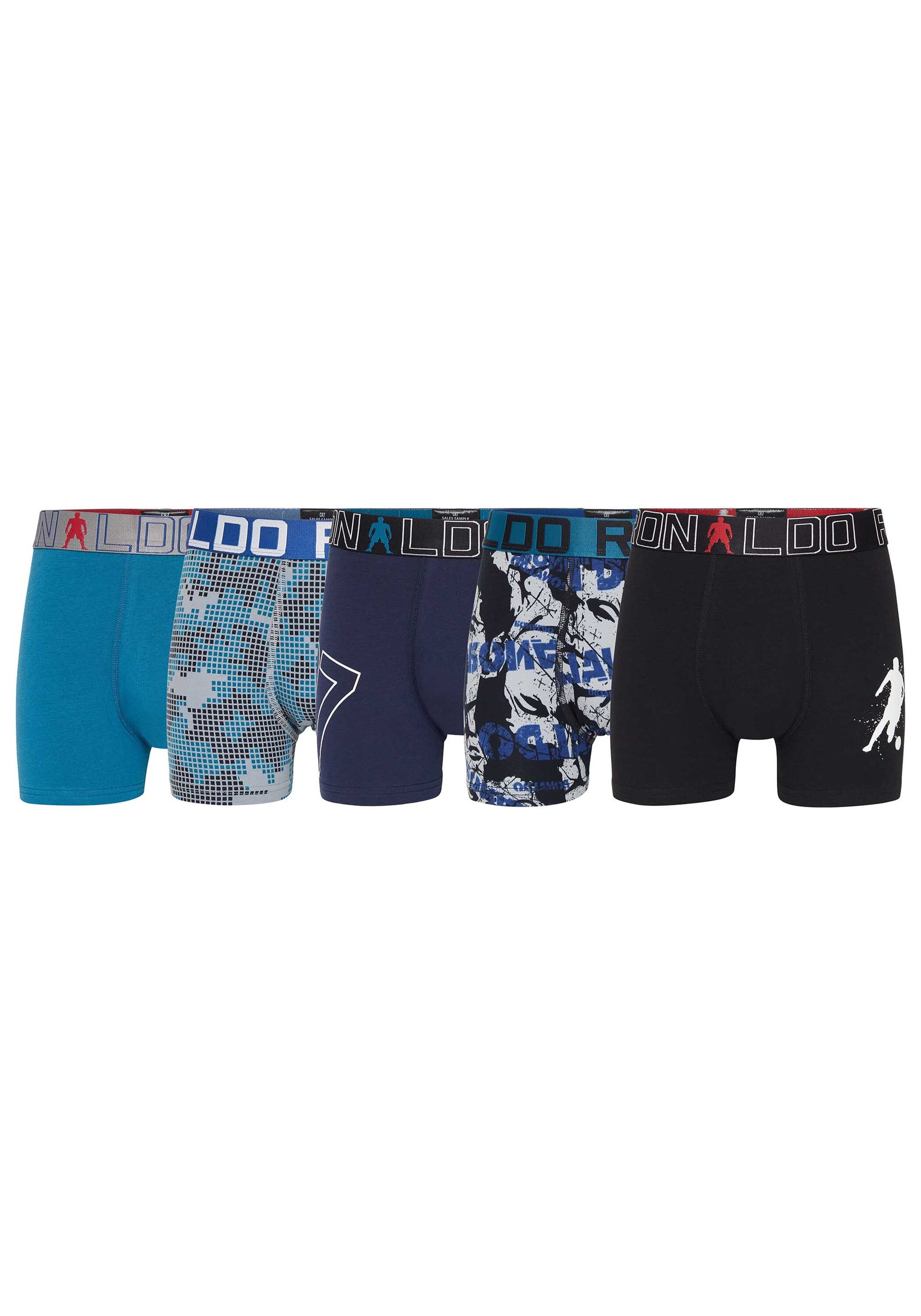 Boxershorts CR7 "Boxershort CR7 Boys Trunk 5-pack 5er Pack", Jungen, Gr. 140-146, bunt (schwarz, blau, türkis), Obermaterial: 95% Baumwolle CO. 5% Elasthan EL., Unterhosen