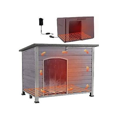 Aivituvin Adjustable Heat & Timer Wooden Outdoor Heated Dog House, Grey, Large