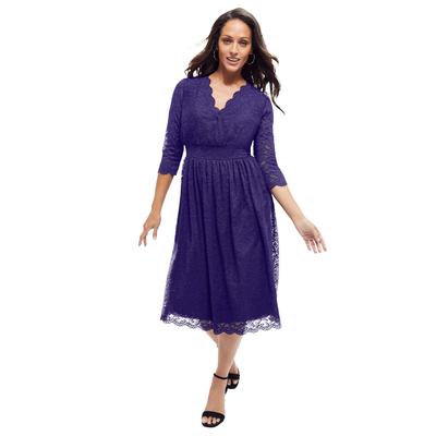 Plus Size Women's Stretch Lace A-Line Dress by Jessica London in Midnight Violet (Size 14 W) V-Neck 3/4 Sleeves