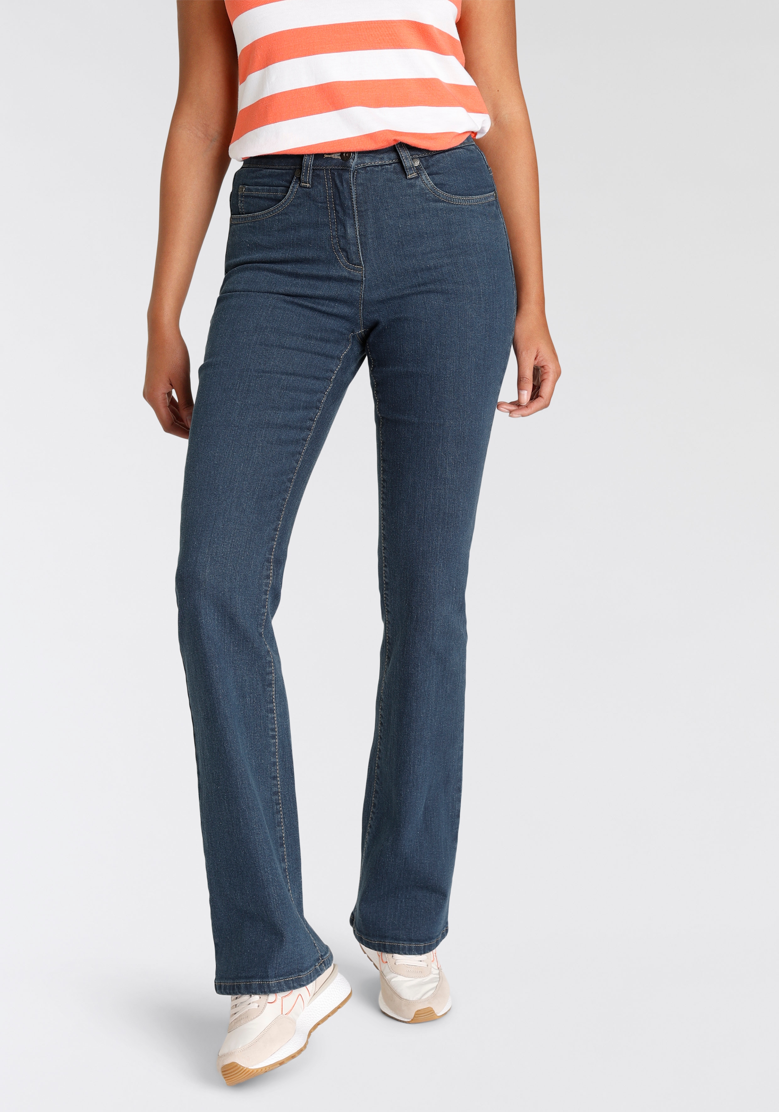 Bootcut-Jeans ARIZONA, Damen, Gr. 22, K + L Gr, blau (dunkelblau), Denim/Jeans, Obermaterial: 98% Baumwolle, 2% Elasthan, clean, Basic, comfort fit lang, Jeans, hohe Leibhöhe