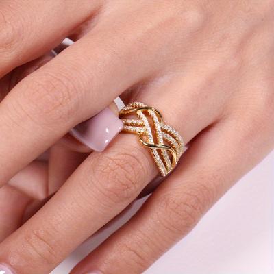 TEMU Elegant Women's Bridal Ring - Hollow Micro Pave Zirconia, Golden Plated, Romantic Wedding Jewelry Gift, Daily Occasion Accessory, Party Ring|elegant Wedding Ring|durable Wedding Ring Image