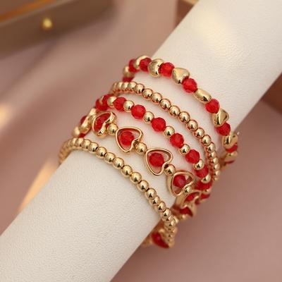 TEMU 5pcs Elegant Boho Style Women's Bracelet Set With Red Heart Charms - Day, Valentine's Day, And Everyday Wear, Daily Occasion Accessories|elegant Bracelet Set| Accessory, Bracelet Set For Women Image