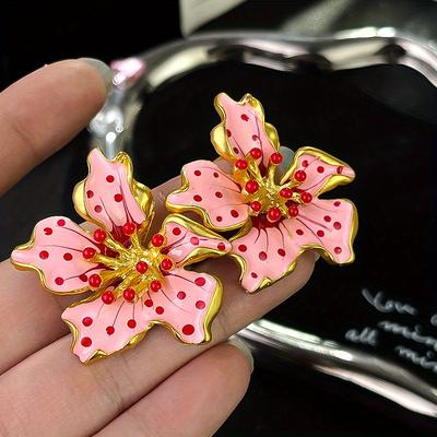 TEMU Vintage Flower Stud Earrings, Rose Floral Brushed Enamel, Classic Retro Design, Fashion Jewelry For Women Image