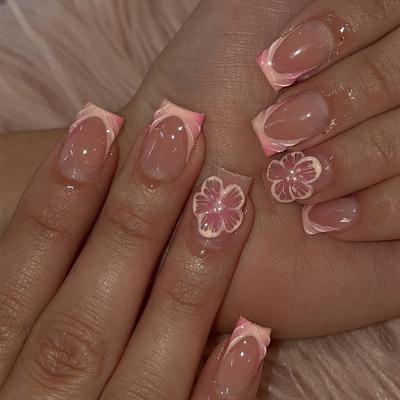 TEMU Short Square 3d Flower Nail Tips With White Beads And Pink Edges, Glossy French Manicure Design, Pink And Matching, Square Shape False Nails Set |bride Nails |wedding Nails Image