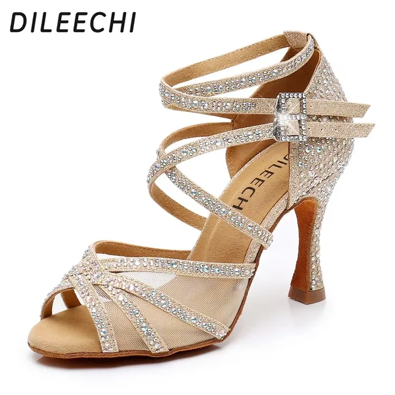 DILEECHI Latin Dance Schuhe Frauen Gold Glitter Strass Mit Net Salsa Party Hochzeit Kuba Absatz 9 cm Flash Ballsaal tanzen Schuhe