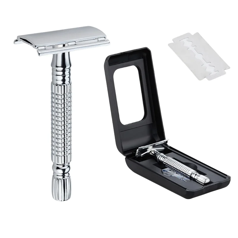 1-teiliger klassischer manueller Rasierer mit doppelter Kante, Sicherheitsrasierer für Männerrasur und Haarentfernungswerkzeug für Frauen mit Rasierklingen und Etui Image