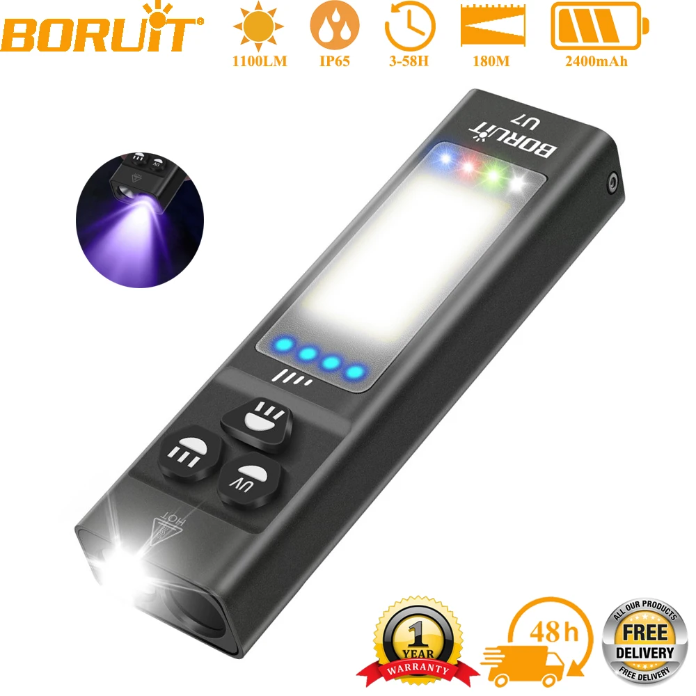 BORUiT U7 1100LM UV LED EDC Taschenlampe Typ-C wiederaufladbare Power Bank Arbeitslicht Taschenlampe mit Magnet Camping Taschenlaterne Image
