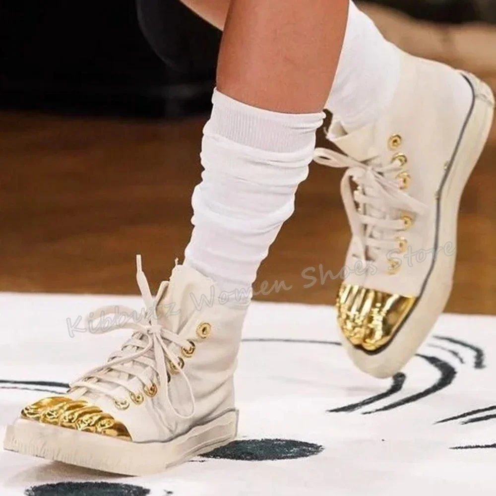 Fünf Finger Schuhe goldene Messing Leinwand Mode sexy Neuheit prägnante Luxus Damenschuhe neueste Schnürung runde Zehen Höhe erhöhen
