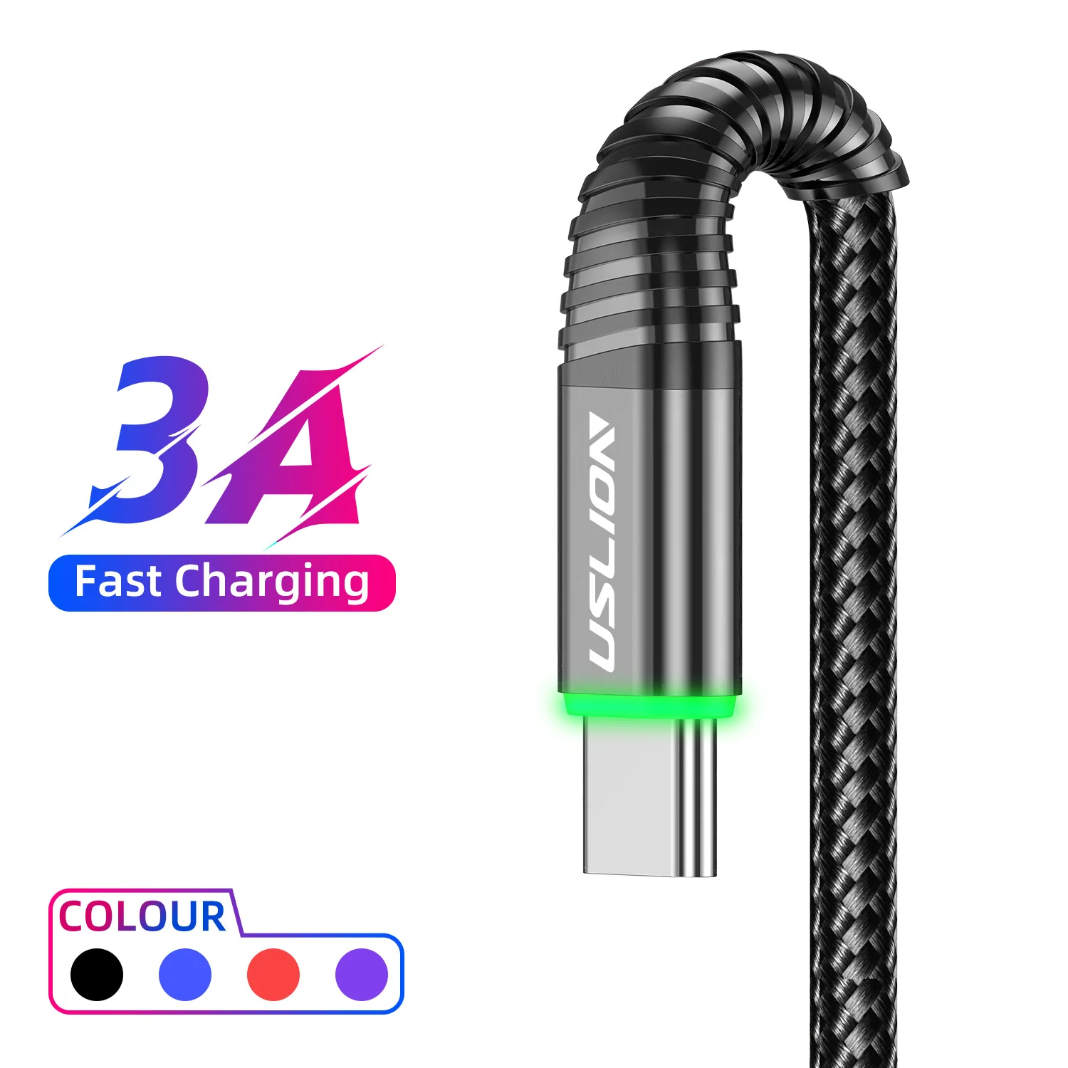 Uslion usb typ-c schnell 3,0 ladekabel für huawei honor xiaomi samsung oneplus telefon ladegerät leitung led daten usb c kabel kabel Image