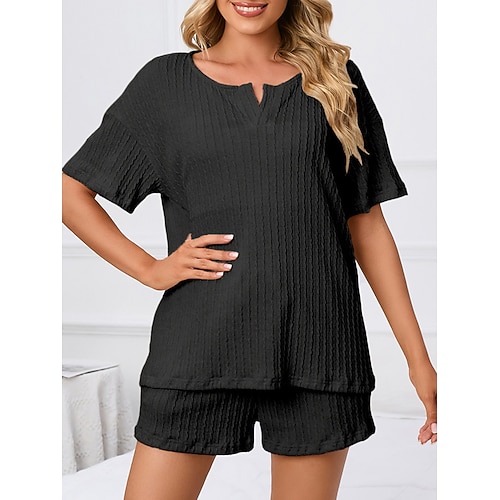 Damen Schlafanzug Hausanzug 2 Stück Brautkleider schlicht Einfarbig Patchwork T Shirt Kurze Hosen Heim Kurzarm V Ausschnitt Schwarz Rosa Beige Sommer Reguläre Passform Image