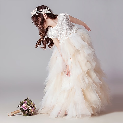 Blumenmädchenkleid Kinder Mädchen Prinzessinenkleid Leistung Hochzeit Party Elegant Schön Gitter Feste Farbe Kurzarm Rundhalsausschnitt Champagner 4 Jahre Image