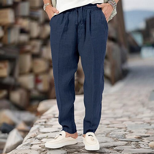 Herren Leinenhosen Hose Sommerhose Kordelzug Elastischer Bund Gerader Schnitt Einfach Komfort Atmungsaktiv Volle Länge Lässig Täglich Ferien Klassicher Stil Retro Vintage Schwarz Weiß Image