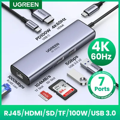 UGREEN USB-C HUB 7-in-1 Type-C to 4K60Hz HDMI HDR PD100W RJ45 SD&TF USB3.0 Ports for MacBook Laptop