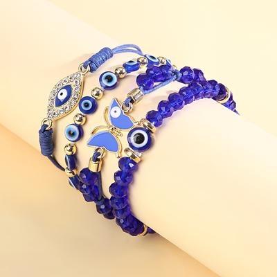 TEMU 4pcs Boho Tribal Style Blue Evil Eye Charm Hand-woven Acrylic Bead Stackable Set, Versatile For Daily And Party Wear, With Friendship Bracelet Gift For Thanksgiving, All Image