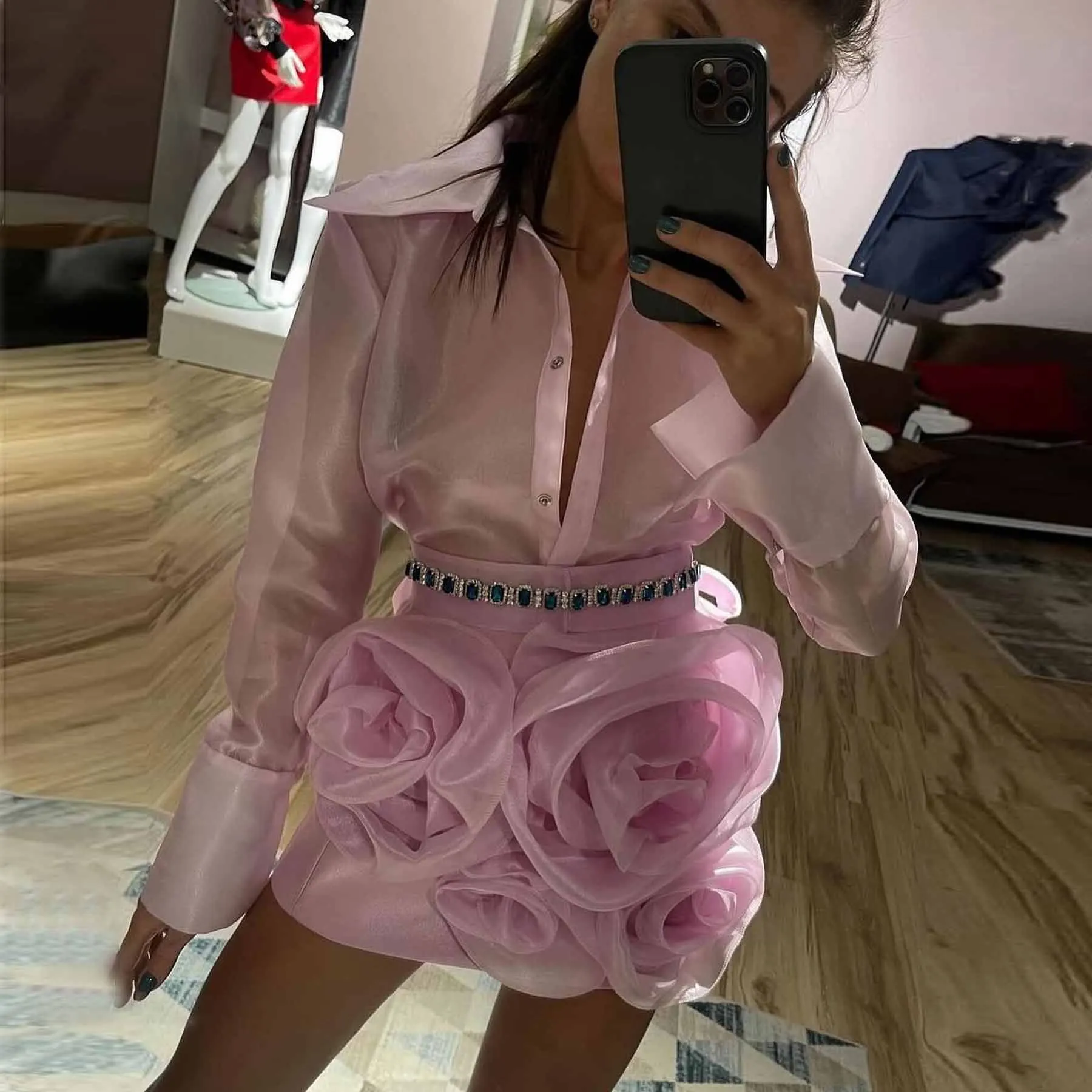 Nach Maß 3D Rose Blumen Mini Rock Hohe Taille Rüschen Organza Blume Kurzen Rock Frauen Rosa Hübscher Cocktail Party Rock Saia Image