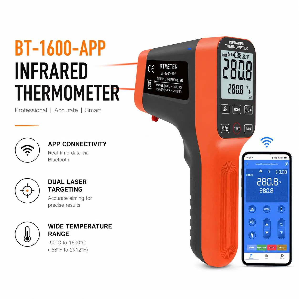 Termometro a Infrarossi Bluetooth BT-1600APP -50~1600°C ℃ Termometro a Infrarossi Senza Contatto DS30:1 per HVAC, Forni, BBQ e Uso Industriale