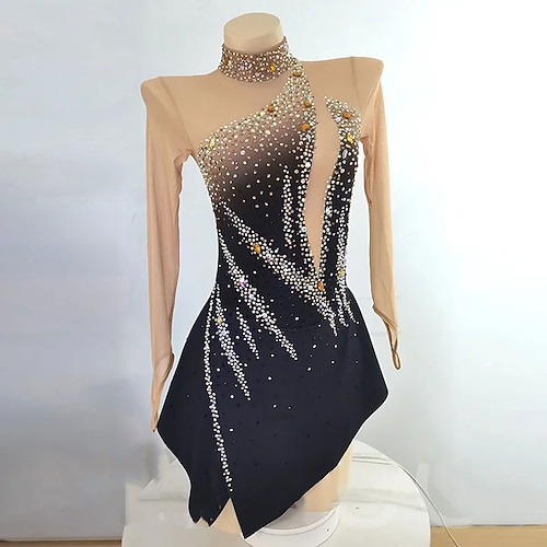 Abito da pattinaggio artistico Per donna Ragazze Pattinaggio sul ghiaccio Vestito Nero Foro per il pollice Schiena aperta Rete Alta elasticità Allenamento Competizione Vestiti da pattinaggio sul