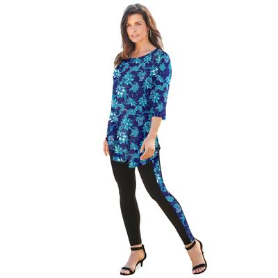 Plus Size Women's Printed Side Stripe Legging Set by Roaman's in Navy Painted Paisley (Size 34/36)