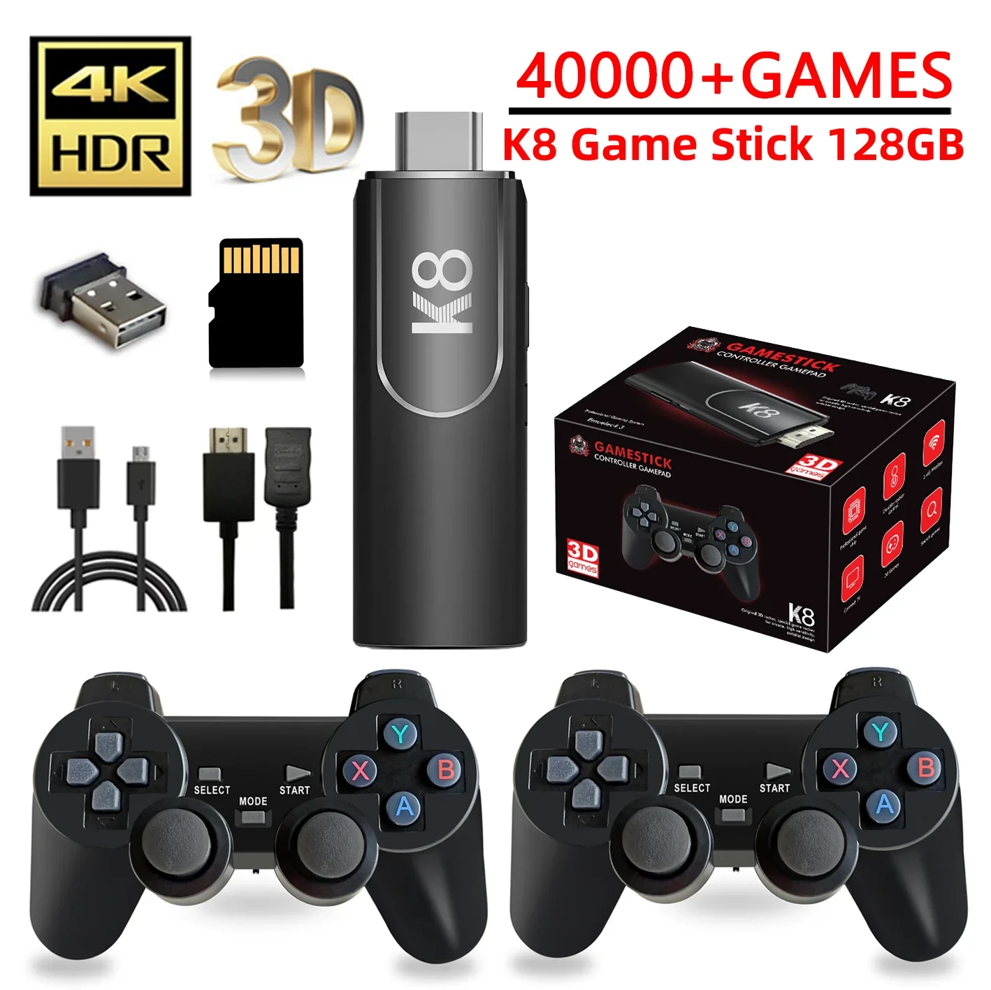 K8 Game Stick 64G 4K HD Console per videogiochi 40 + simulatori Doppio controller wireless 2.4G Console retrò 10000 giochi per regalo per bambini