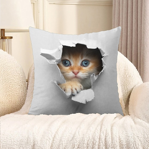Dekorativer Kissenbezug mit niedlichem Kätzchen-Peekaboo-Grafik, 1 Stück, weicher, quadratischer Kissenbezug für Schlafzimmer, Wohnzimmer, Sofa, Couch, Stuhl Image