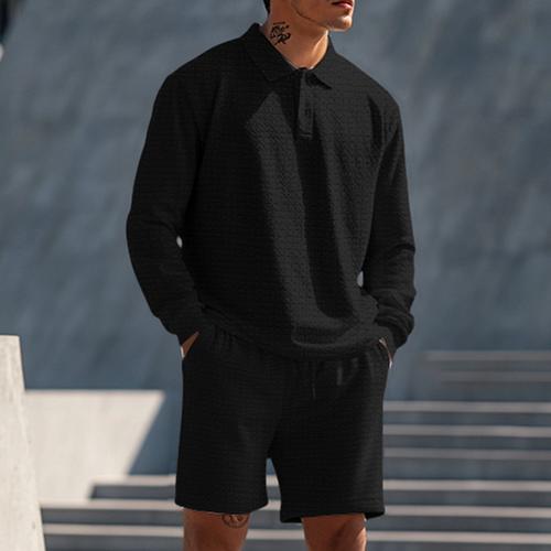 Men's 2 Piece Polo Shirts Zip Polo Polo Set Long Sleeve Short Pant Polo Collar Half Zip Summer Spring Fall Color Block Classic Gymnatics Casual 2 Piece Vacation Daily Wear Activewear Black White Gray