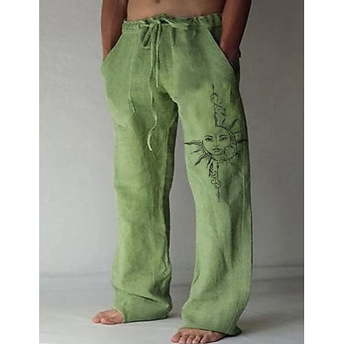 Herren Leinenhose Hose Hosen Sommerhosen Gazehose Kordelzug Elastische Taille Gerade geschnitten Sonne Komfort Atmungsaktiv In voller Länge Casual Täglich Festtage Modisch Klassicher Stil Weiß Grün Image
