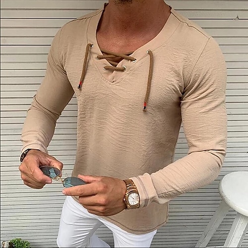 Herren leinenhemd T-Shirt Langarmshirt Langarm V Ausschnitt Frühling Herbst Einfarbig Lässig Schnürung Urlaub Hausbekleidung Schwarz Weiß Grau Top T-Shirt für Herren Image