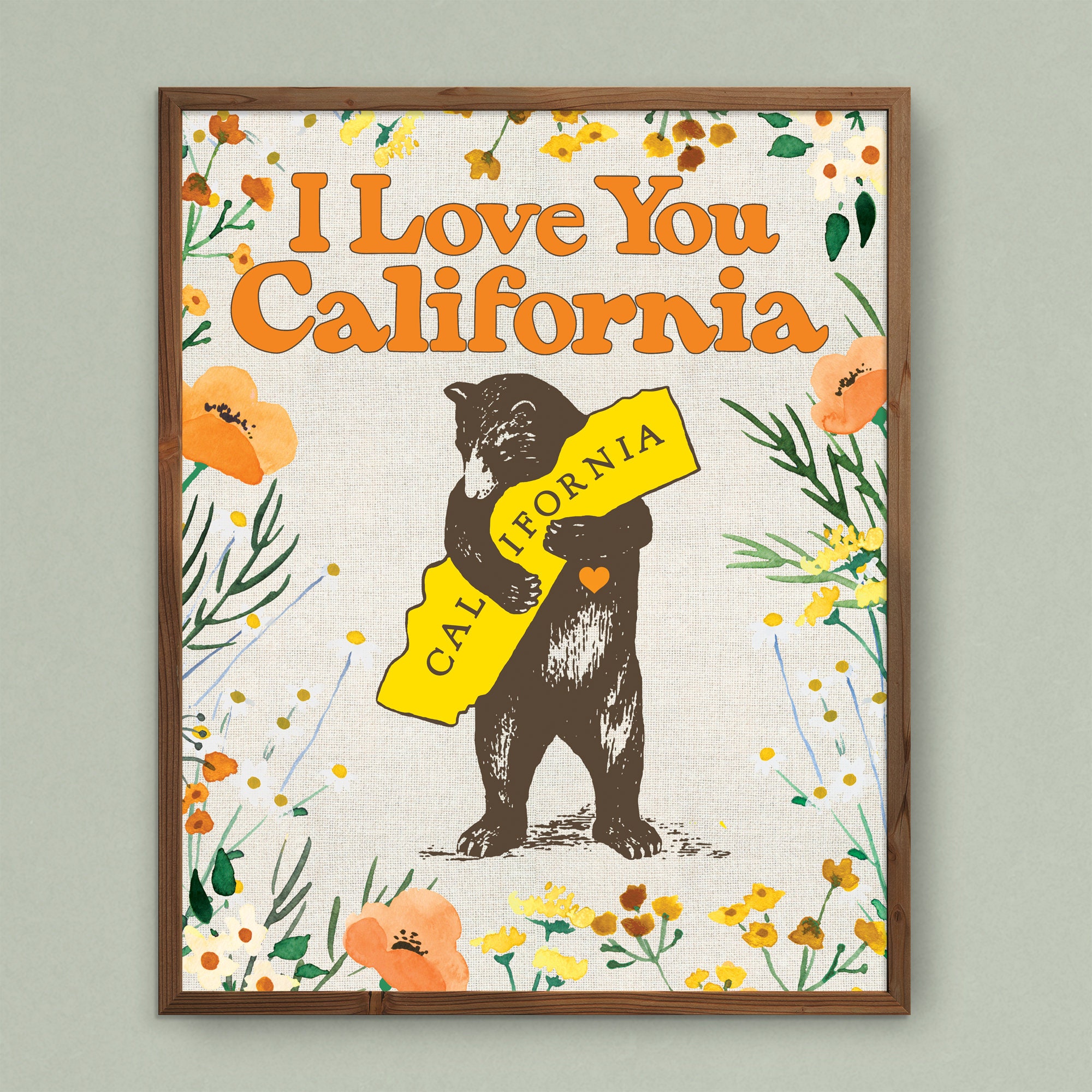 California Wall Art, California Art, ti amo California, California Brown Bear, California Bear Art, California Print, California Poppy