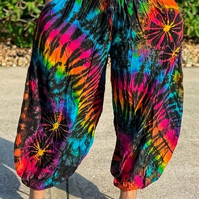 TEMU Women's Plus Size Tropical Print Harem Pants - Vibrant, High-waisted, Loose Fit For Travel & Casual Attire, Plus Size Harem Pants Image