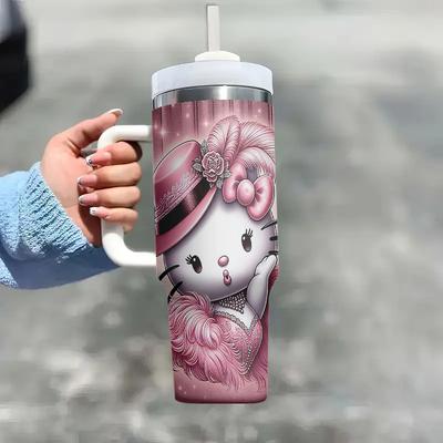 TEMU 1pc Hello Kitty Stainless Steel Insulated , 304 Stainless Steel Travel Mug, With Lid, Straw & Handle, For Cold & Warm Beverages, Office, Car, Home, Ideal For Gifts Image