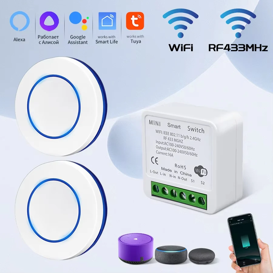 Tuya WiFi Smart Switch 20A 100-240V Relais Controller RF433Mhz Drahtlose Fernbedienung Mini Runde Panel Schalter für Led-Licht Image