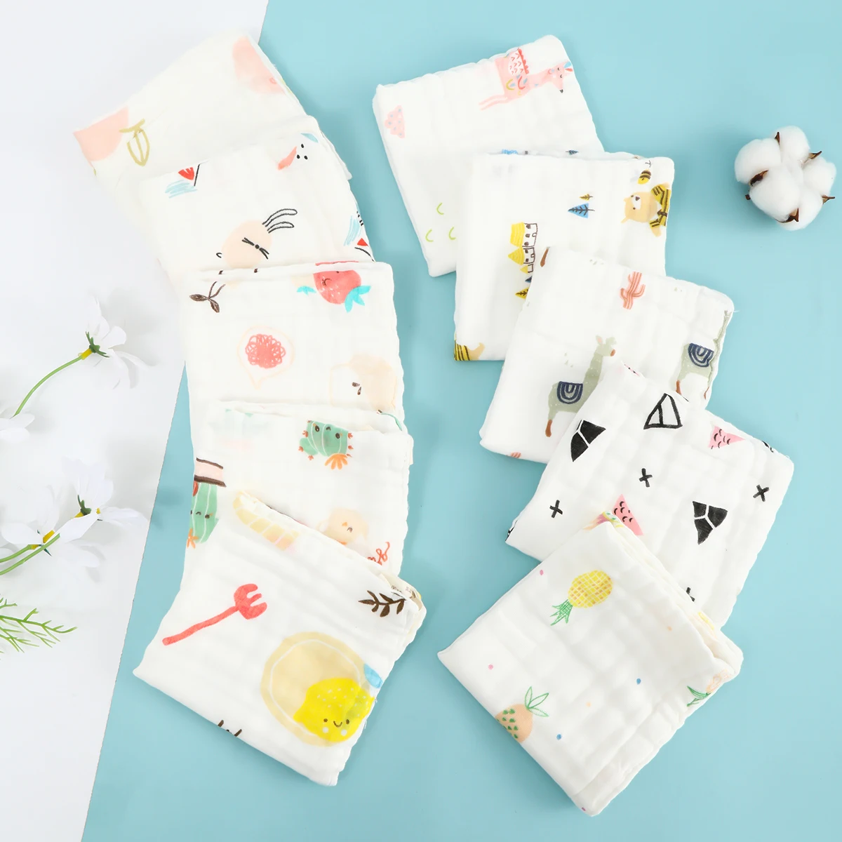 Zufälliges Muster 5 Stück reine Baumwoll gaze Baby Baby Gesichts tuch sechs schicht iges quadratisches Handtuch mit hoher Dichte, weiches, saugfähiges Handtuch set