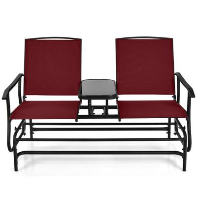 Costway 2-Person Double Rocking Loveseat with Mesh Fabric and Center Tempered Glass Table-Red