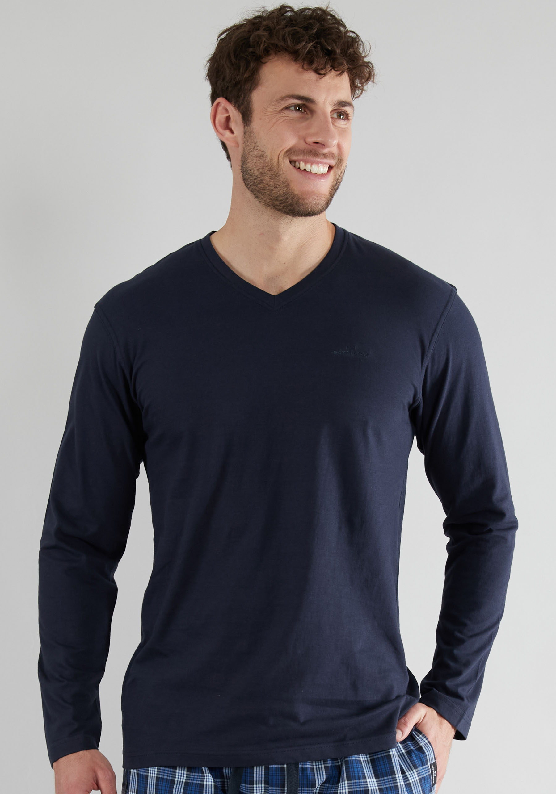 Pyjamaoberteil GÖTZBURG "New York", Herren, Gr. XL, blau (navy), Single Jersey, Obermaterial: 100% Baumwolle, unifarben, bequem hüftlang, V-Ausschnitt, Shirts Schlafshirt, V-Ausschnitt, Langarm, unifarben, weich, bequem, Baumwolle Image