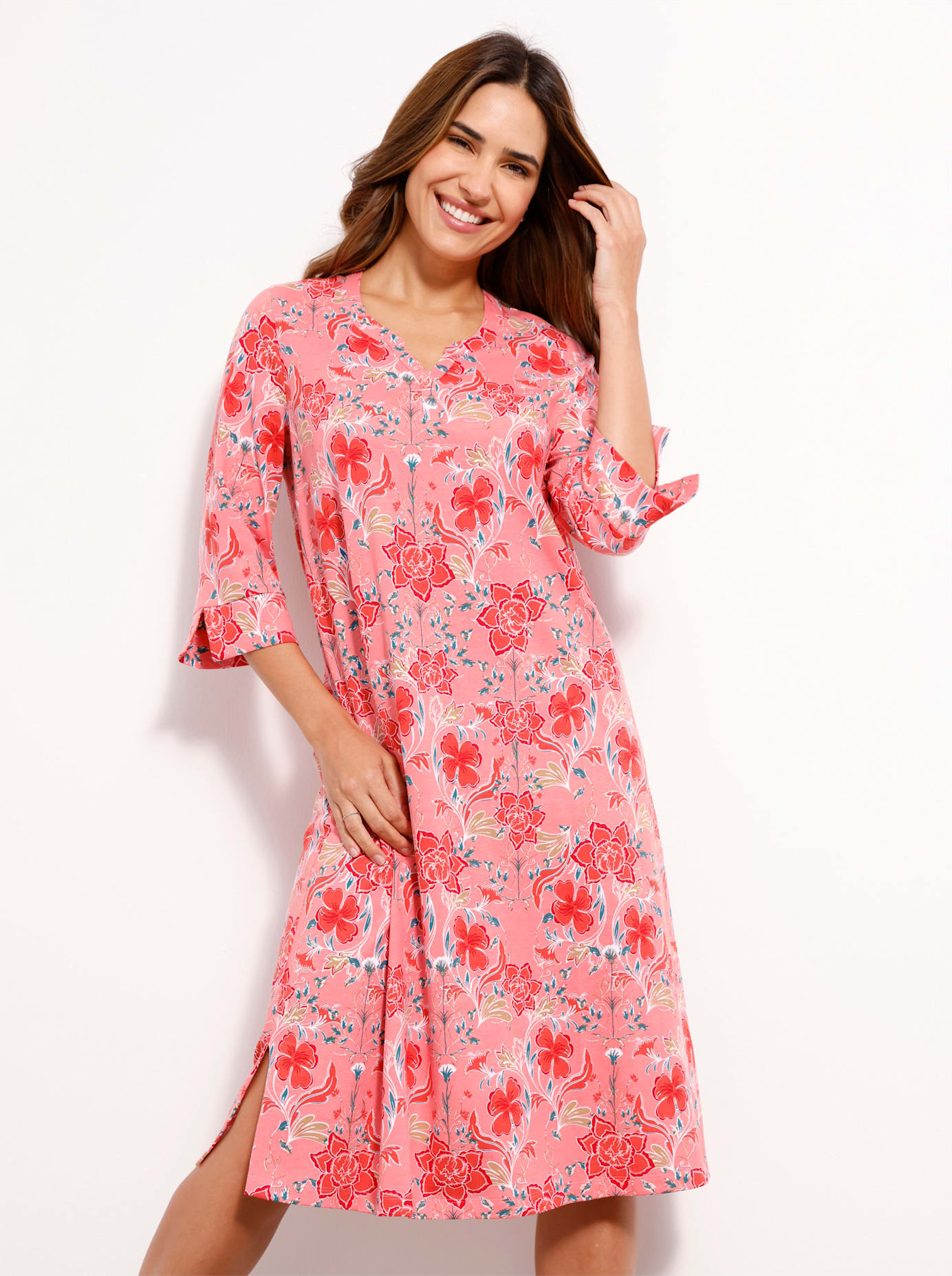 Sommerkleid "Sommerkleid", Damen, Gr. 48/50, Normalgrößen, rosa (flamingo, bedruckt), 100% Baumwolle, geblümt, gemustert, mehrfarbig, kurz, Rundhals, Kleider Sommerkleid