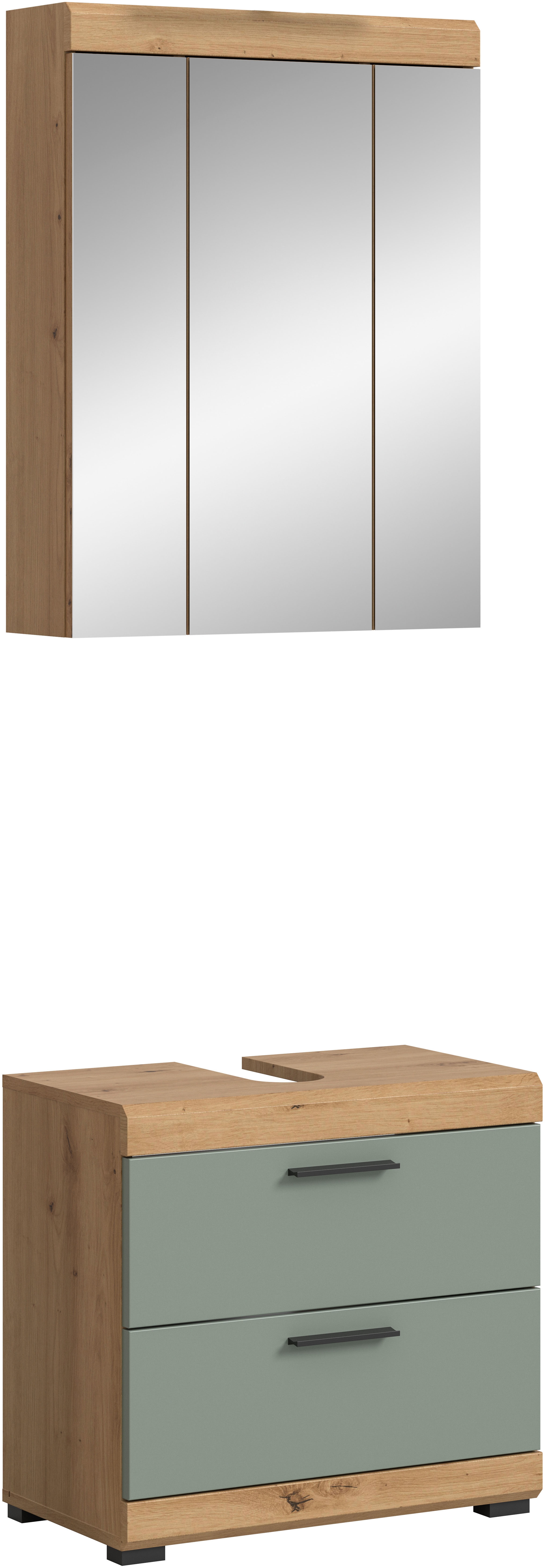 Badmöbel-Set INOSIGN "Siena, 2 tlg., bestehend aus: Waschbeckenunterschrank, Spiegelschrank", grün (artisan eiche nb, salbei nb), B:60cm H:191cm T:34cm, Holzwerkstoff, MDF, Kastenmöbel-Sets, in verschiedenen Farben erhältlich, Badmöbel, Kombination,... Image