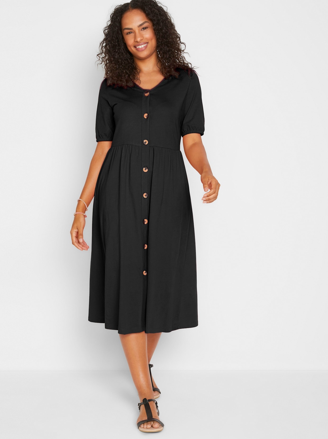 Sommerkleid INSPIRATIONEN "Baumwoll-Kleid", Damen, Gr. 44, Normalgrößen, schwarz, 100% Baumwolle, unifarben, wadenlang, V-Ausschnitt, Kleider Image