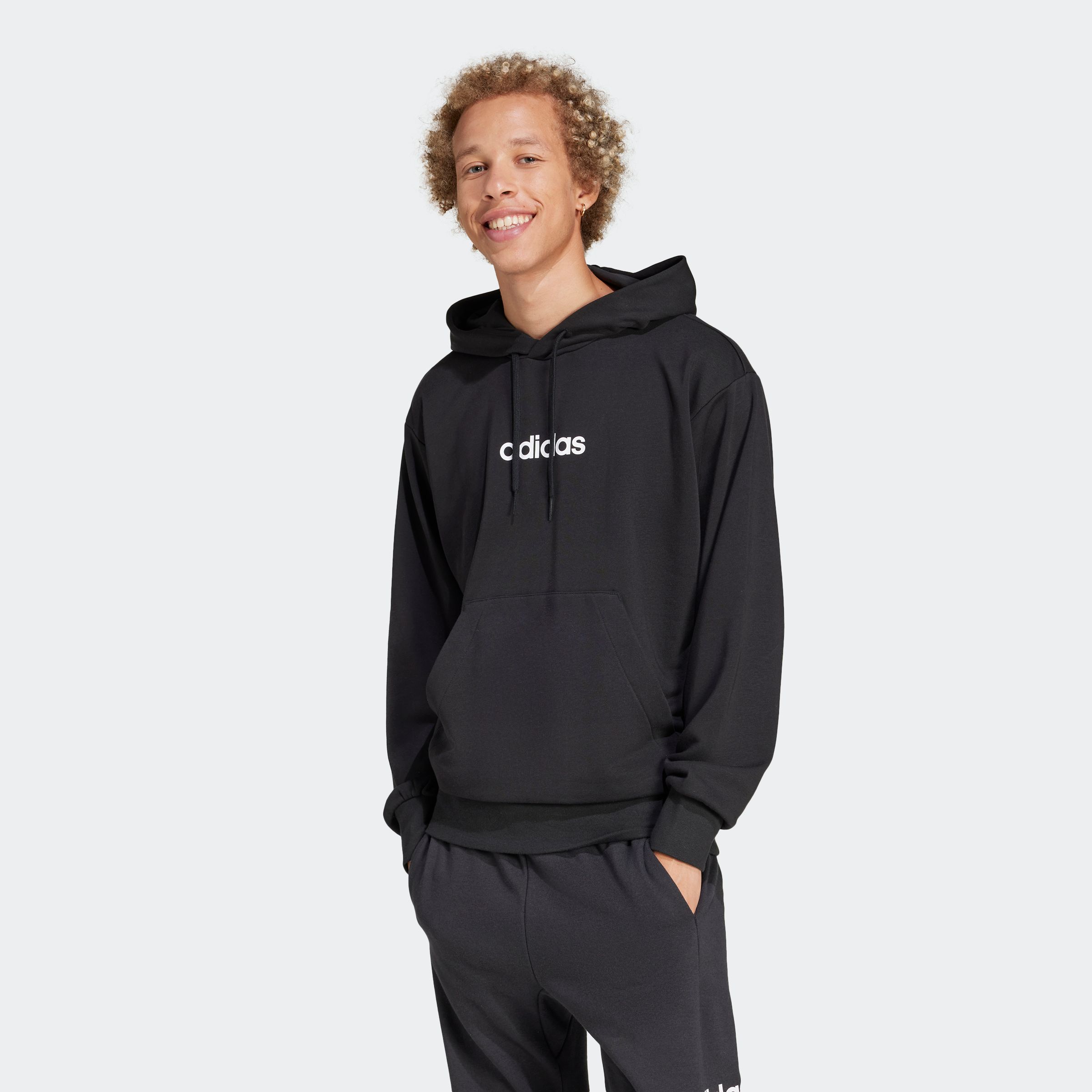 Kapuzensweatshirt ADIDAS SPORTSWEAR "M LIN FT HD", Herren, Gr. S, schwarz-weiß (schwarz, weiß), Obermaterial: 55% Baumwolle, 36% Polyester, 9% Viskose, angesetztes Bündchen, Sweatshirts, für Sportmode und entspannte Aktivitäten, ohne Verschluss