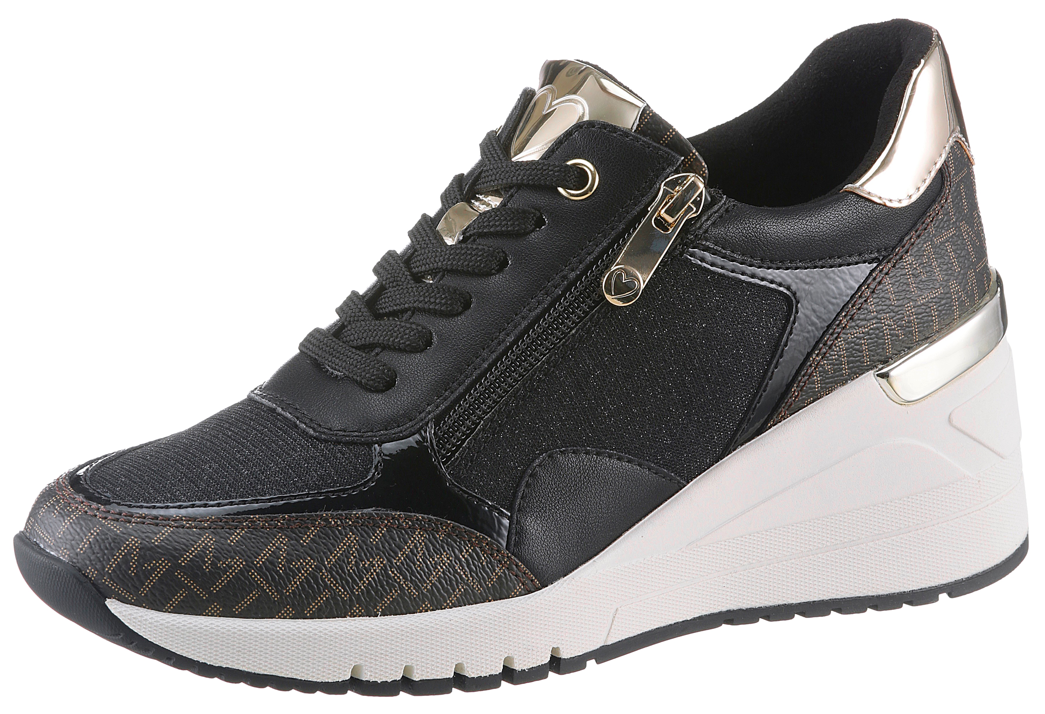 Keilsneaker MARCO TOZZI, Damen, Gr. 36, schwarz (schwarz kombiniert), Lederimitat, Textil, kontrastfarbene Details, Schuhe, Freizeitschuh, Halbschuh, Schnürschuh in veganer Verarbeitung