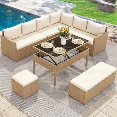 Moasis L-Shaped Patio Furniture Set All Weather Wicker Outdoor Sectional Sofa Conversation Set with Dining Table and Ottoman