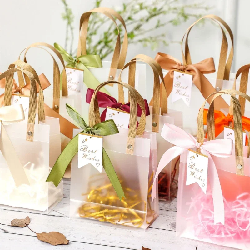 5 stücke PVC-Geschenkt üten klare Süßigkeiten Einkaufstasche mit Band Bast Füller Verpackung Handtasche Hochzeit Souvenirs begünstigt Verpackungs boxen Image