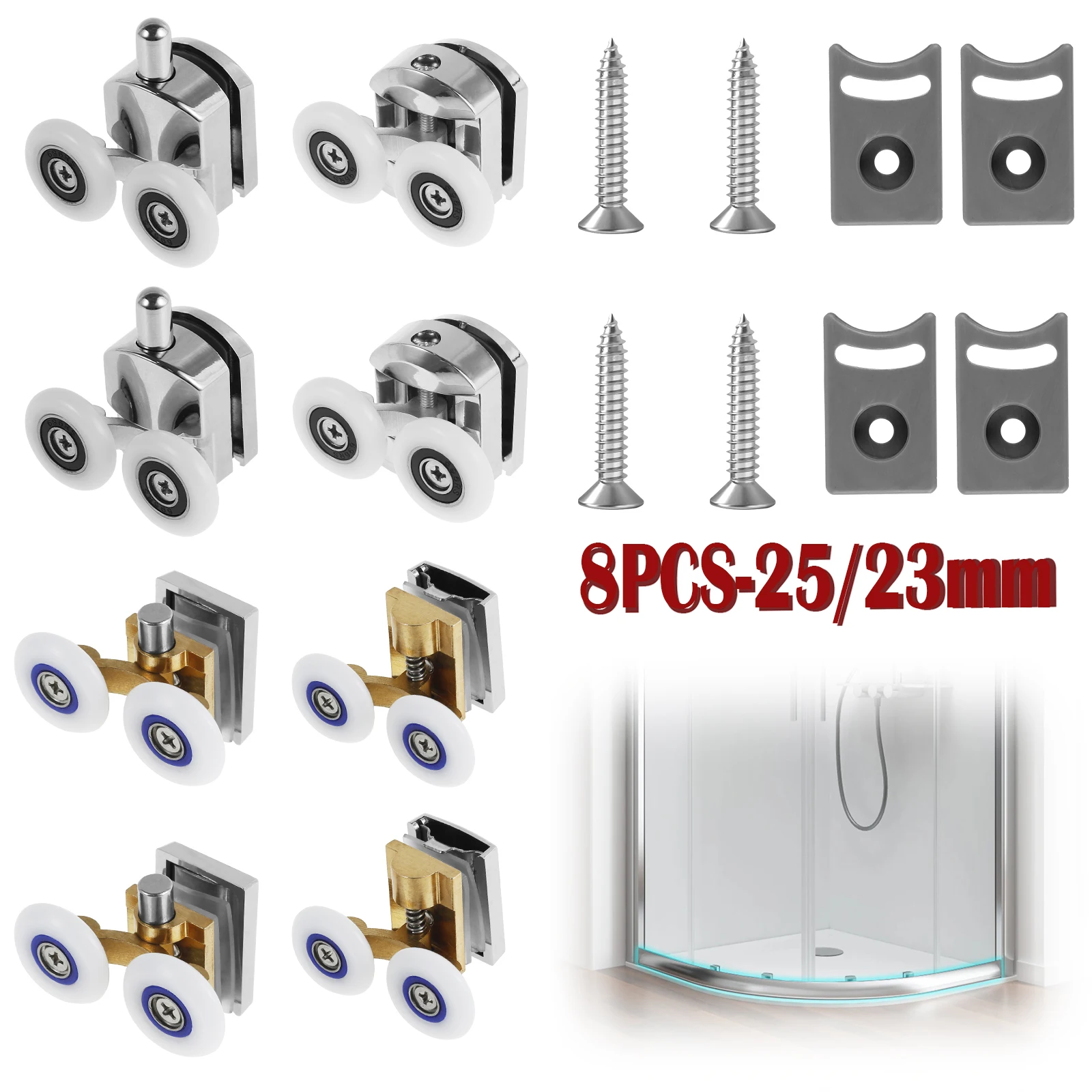 8 Stück Duschräder Riemenscheibe 25/23 mm Durchmesser Aluminiumlegierung Glastür Rad Leise Kabinen Riemenscheibe Ersatz Duschtür Riemenscheibe