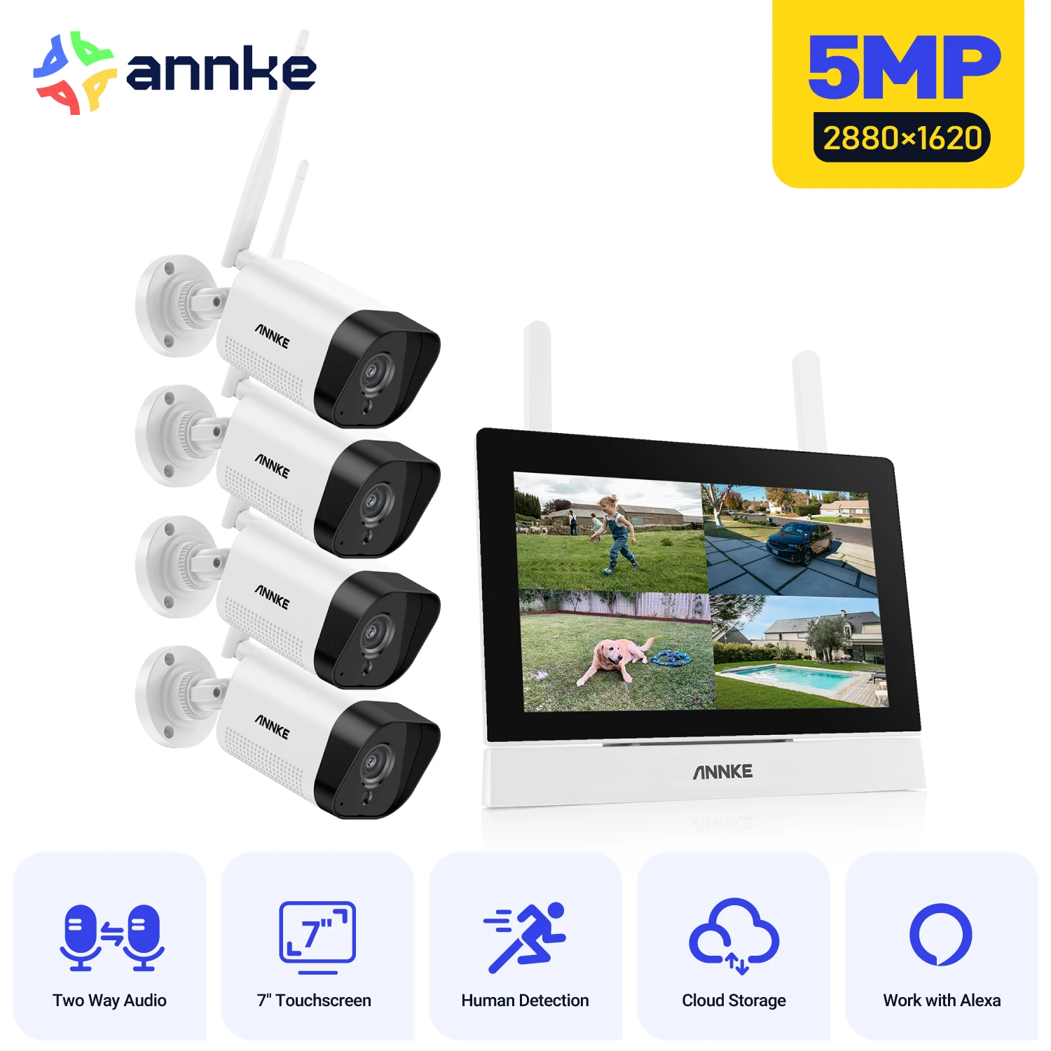 ANNKE WTL500 5MP Super HD 4Ch 7′′ Monitor Drahtloses NVR CCTV-System Bewegungserkennung 4PCS Kameras Zwei-Wege-Audio IR Nachtsicht Image
