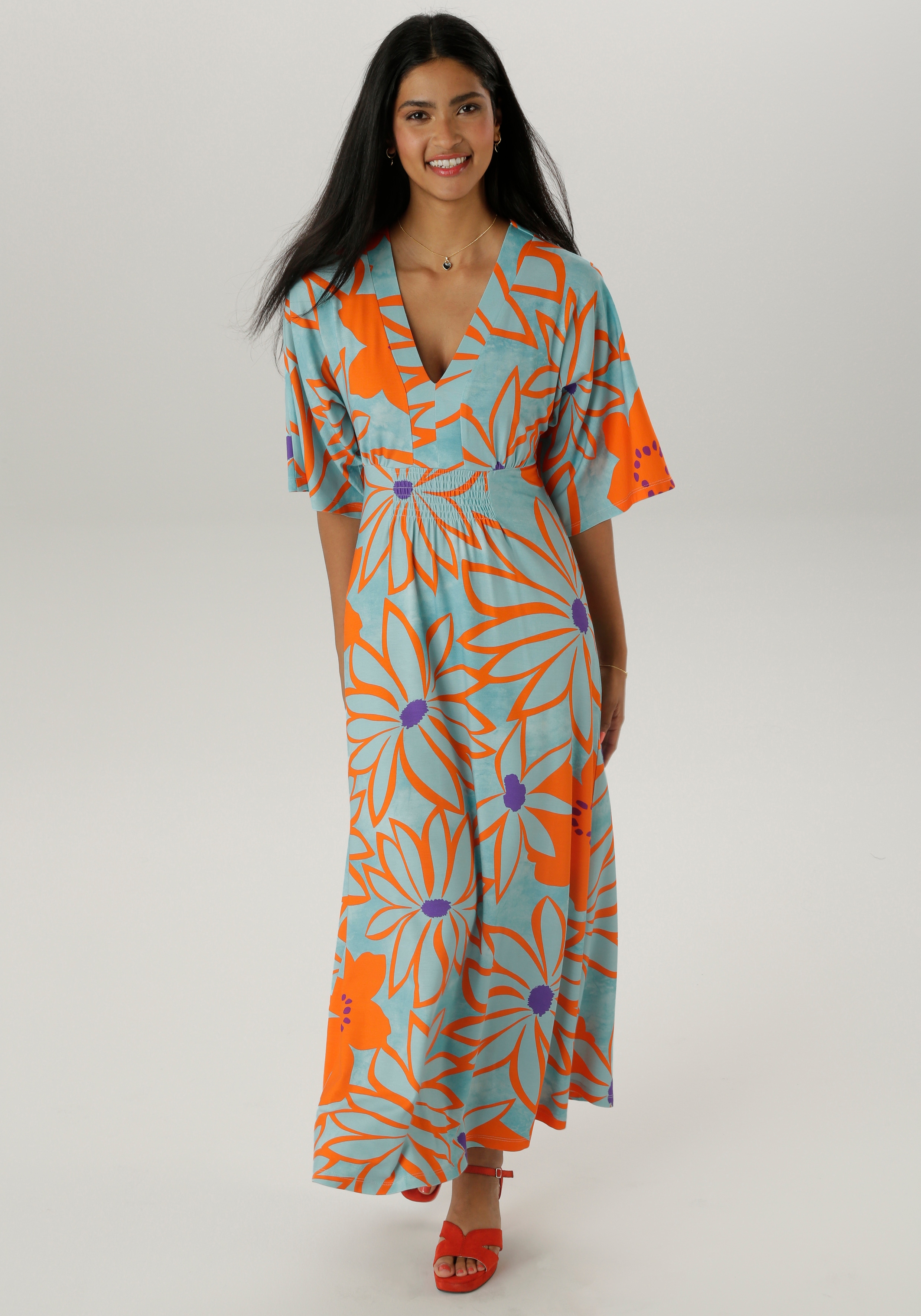 Maxikleid ANISTON SELECTED, Damen, Gr. 40, N-Gr, bunt (hellbau, orange, lila), Single Jersey, Obermaterial: 95% Viskose, 5% Elasthan, bedruckt, geblümt, gemustert, lässig geschnitten lang, V-Ausschnitt, weit, Kleider, mit weiten, 3/4-langen Ärmeln Image
