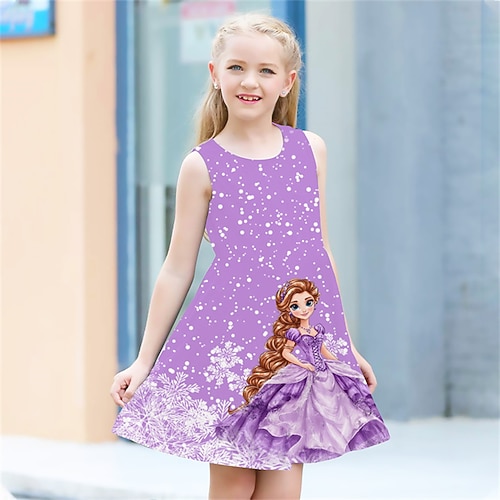 Mädchen' 3D Graphic Karikatur Schneeflocke Kleid Ärmellos Sommer Frühling Urlaub Täglich Festtage Prinzessin Schön Süß kinderkleidung 4-12 Jahre Casual kleid A Linie Kleid Knielang Regular Fit Image