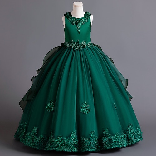 Blumenmädchenkleid Kinder Mädchen Prinzessinenkleid Leistung Hochzeit Party Elegant Schön Gitter Feste Farbe Ärmellos Rundhalsausschnitt Weiß Champagner 4 Jahre Image